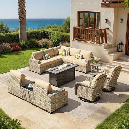 HOOOWOOO Sectional Patio Furniture Set with Fire Pit Table,12 Pieces Wicker Outdoor Furniture L Shaped Couch,Outside Conversation Set Extra Deep Seat Sofa Wide Arm Swivel Chairs Solar Light,Beige