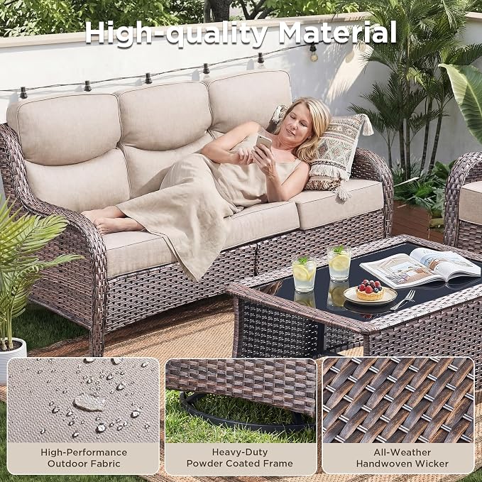 Luxury 6 Pieces Outdoor Patio Furniture Set-All Weather Wicker Outdoor Furniture with Swivel Rocker Patio Chairs 6-inch Extra Thick Cushions Wicker Conversation Set for Deck Garden(Brown/Beige)