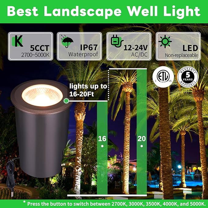Low Voltage Well Lights for Landscaping - Outdoor IP67 12V LED Ground Light, 5 Color Temperature Selectable In-Ground Light, ORB Aluminum for Path House Backyard 9W 700LM 8 Pack