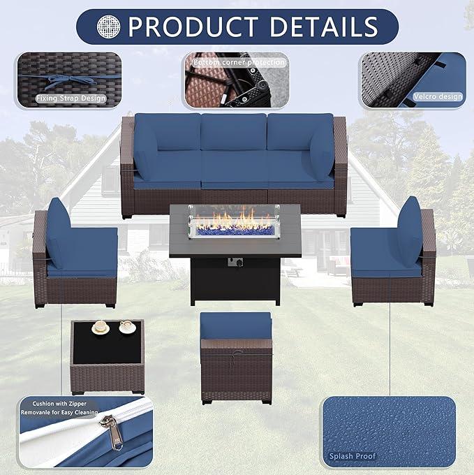 Outdoor Terrace Furniture Set, 8 Piece Outdoor Furniture Set, with 43 inch Aluminum 55003 BTU Propane fire Pit, PE Willow Vine Terrace Dialogue Set - Blue.