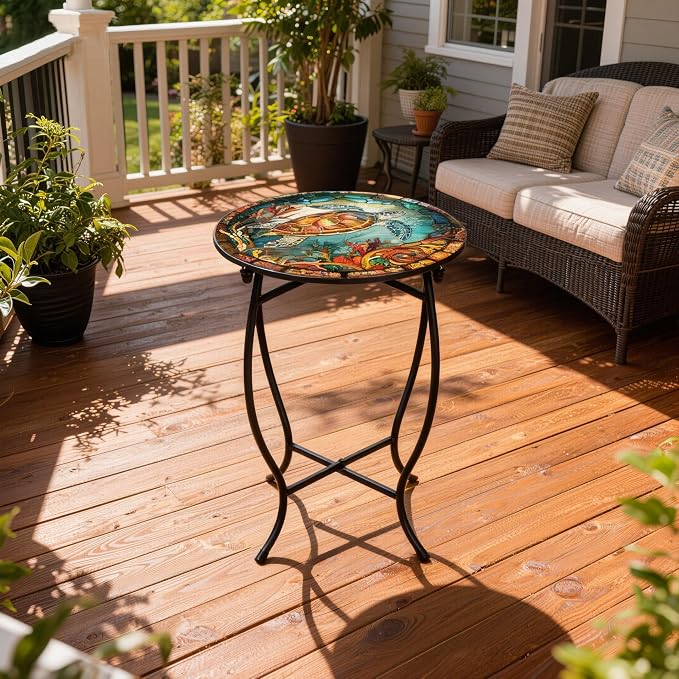 Metal Round Side Table, 14" Diameter Indoor Outdoor Side Table, Weather Resistant Patio Table for Porch Yard Balcony, Easy Assembly