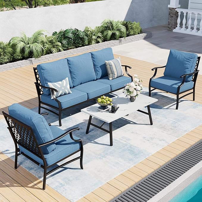 4 Piece Metal Outdoor Patio Furniture Sets, Patio Conversation Sets 1 3-seater Sofa, 2 Fixed Chair with 5.75" Extra Thick Cushion and Coffee Table, Black Frame Backyard Furniture, Navy
