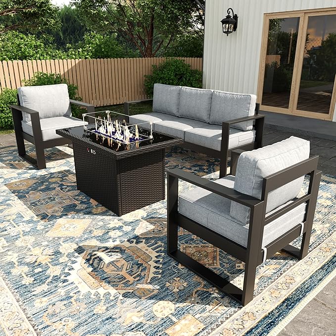 4 Piece Modern Aluminum Patio Furniture Set with Fire Pit Table, Outdoor Patio Sectional Conversation Metal Seating Sets with Olefin Cushion