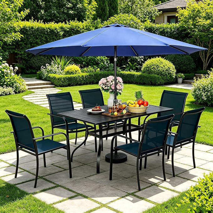 SUNCROWN 8 - Piece Outdoor Dining Set, Patio Furniture Set with 6 Textilene Dinning Chairs, 1 Rectangle Metal Table and 1 Dark Blue 9Ft Patio Umbrella for Lawn Garden Backyard Deck, Blue