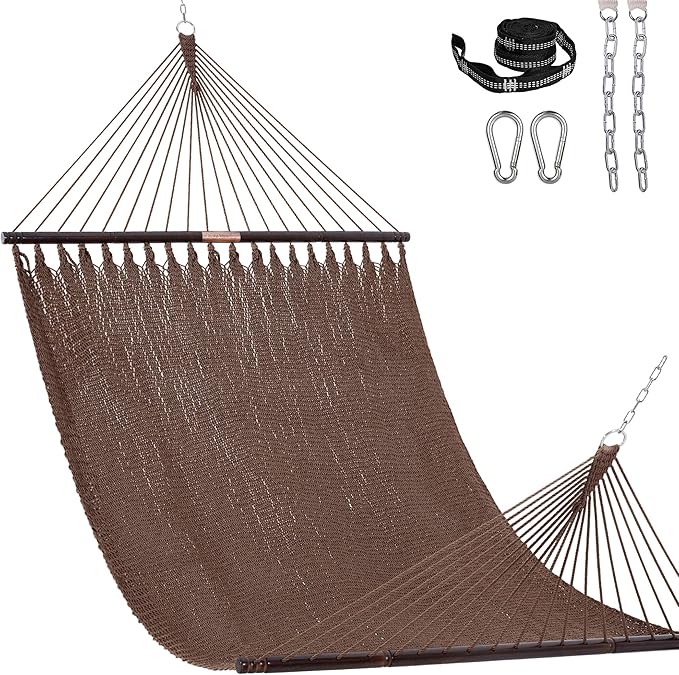 Lazy Daze Hammocks 13 FT Extra Large 2+ Person Caribbean Rope Hammock, Hand Woven Polyester XL Hammock with Spreader Bars, for Outside Outdoor Backyard Patio Poolside, 500 LBS Capacity, Brown