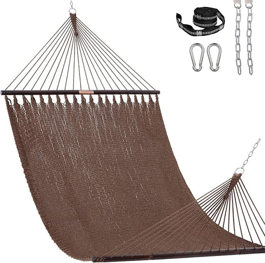 Lazy Daze Hammocks 13 FT Extra Large 2+ Person Caribbean Rope Hammock, Hand Woven Polyester XL Hammock with Spreader Bars, for Outside Outdoor Backyard Patio Poolside, 500 LBS Capacity, Brown