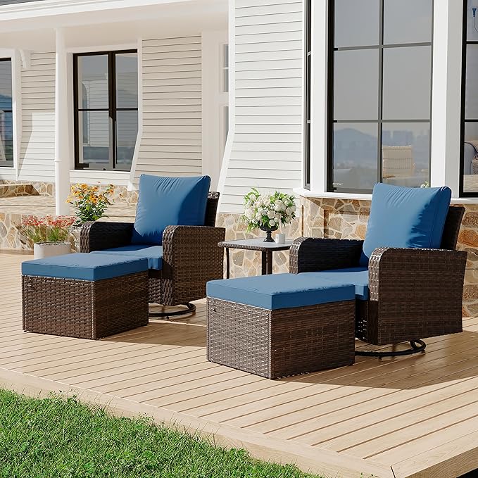 HOMREST 5 Piece Outdoor Patio Furniture Set-Wicker Swivel Chairs Set of 2 with 2 Ottoman, Coffee Table & Cushions Small Patio Furniture Set for Garden, Balcony (Navy)