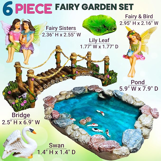 Mood Lab Fairy Garden Figurines - Fish Pond & Bridge - Miniature Decor Set (6 pcs) - Statues & Accessories - Outdoor & Indoor Garden Decor
