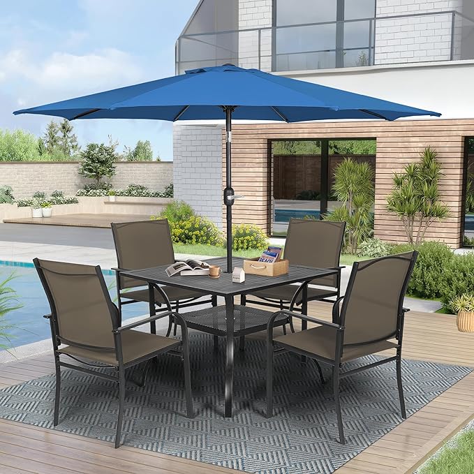 Crownland 5 Piece Patio Dining Set, Outdoor Textilene Dining Sets, 4 Textilene Metal Chairs and Square Outdoor Dining Table with Dark Blue 9FT Round Outdoor Umbrella (Brown)