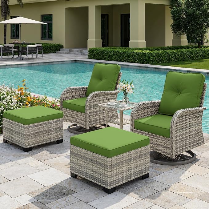 5-Piece Small Patio Furniture Set, Outdoor Swivel Rocking Chairs Set with Ottomans, Patio Bistro Set for Balcony, Deck, Porch, Grass Green