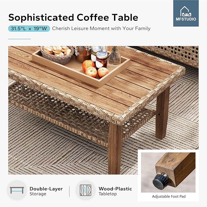 MFSTUDIO Wicker Patio Furniture Set, Rattan Outdoor Couch Sectional Sofa, 5 Pieces Patio Conversation Set with Acacia Wood Coffee Table, Outdoor Rattan Furniture Set for Garden or Balcony, Navy Blue