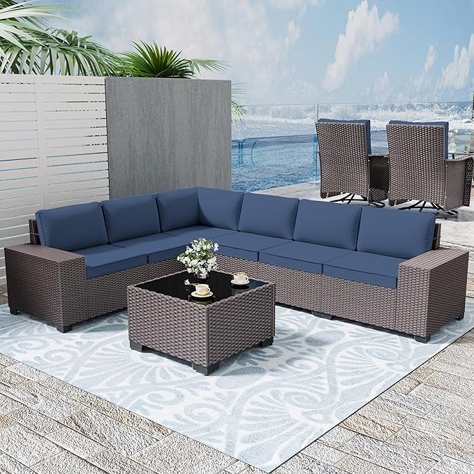 Patio Furniture Set Sofa 7-pcs Wicker Sectional Sofa Set,Outdoor Furniture Rattan Patio Conversation Sets with Seat Cushions and Tempered Glass Coffee Table