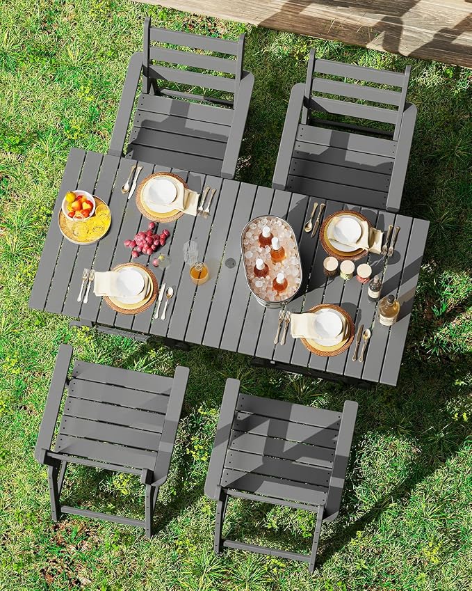 GREENVINES 5-Piece-Outdoor-Table-and-Chairs | HDPE | Patio Furniture | Slatted Dining Sets for 4 | Removable Armrests | Connectable Tables | All Weather | for Backyard Poolside Garden | Grey