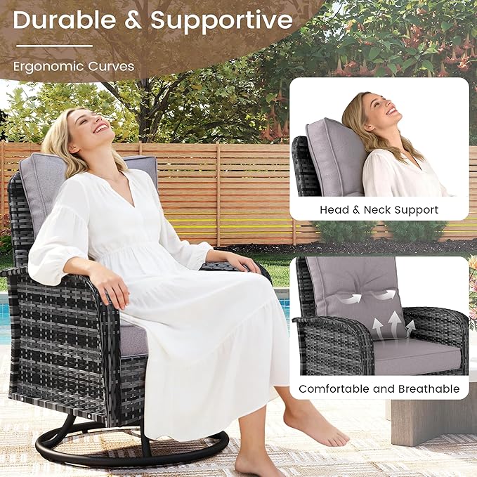 Kromax Outdoor Patio Furniture Set, All-Weather Wicker Swivel Glider Chairs Set of 2 with Coffee Table Table & Thick Machine Washable Cushions for Backyard, Garden, Porch, Grey/Grey