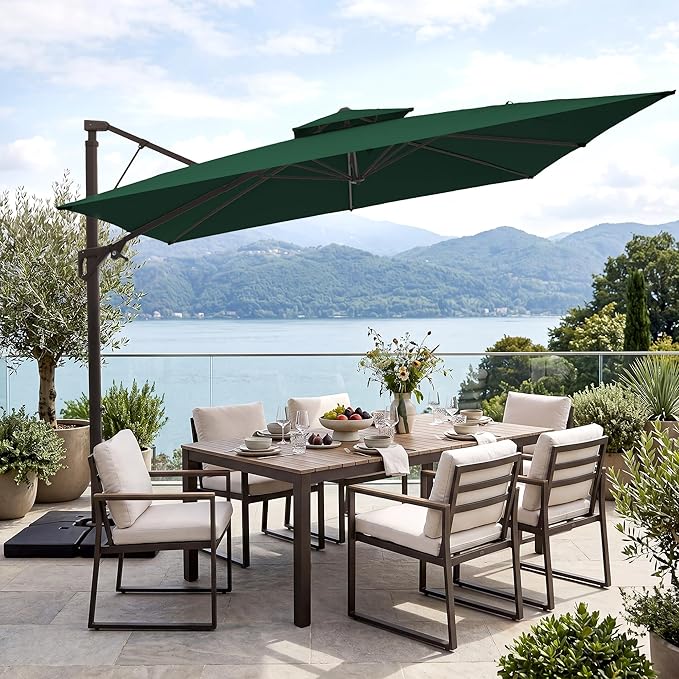 JEAREY 12ft 2-Tier Cantilever Patio Umbrella, Large Square Outdoor Offset Umbrella with Double Top Vent and 360-degree Rotation for Garden, Deck, Pool, Patio, Dark Green