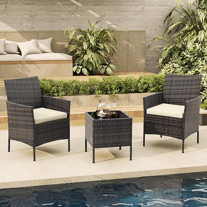 PeakPursuit 3 Pieces Patio Furniture Set, PE Rattan Wicker Patio Set with Soft Cushion and Glass Coffee Table, Upgraded Outdoor Patio Chairs and Table for Garden Poolside Balcony,White