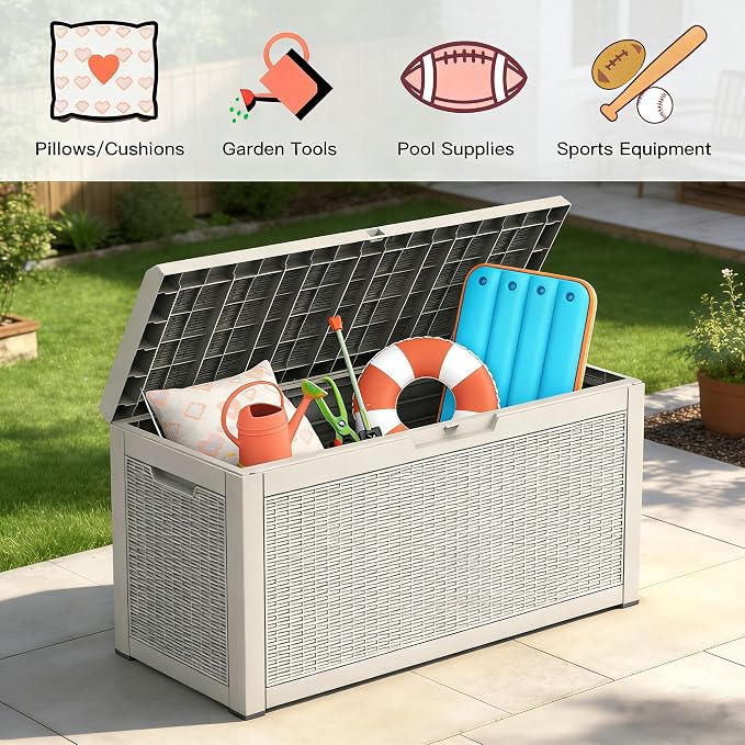 66 Gallon Outdoor Deck Box - Lockable Waterproof Storage Container, Resin Weatherproof Box for Patio Garden Furniture Pool Tools Cushions, Grey Bench