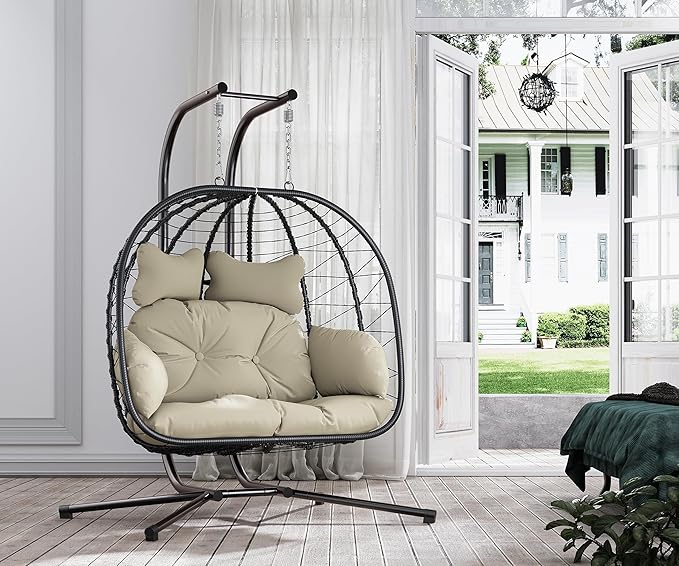 Double Egg Chair wth Stand Hammock Swing Chair Foldable Hanging Loveseat, UV Resistant Removable Cushions, 700LBS Capacity