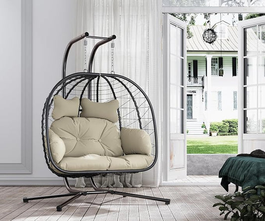 Double Egg Chair wth Stand Hammock Swing Chair Foldable Hanging Loveseat, UV Resistant Removable Cushions, 700LBS Capacity