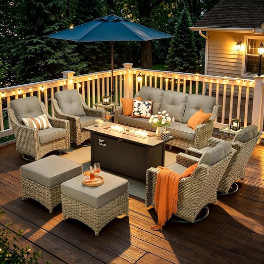 10 Piece Patio Furniture Set with Fire Pit Table, Outdoor Wicker High Back Sofa and Swivel Rocker Chairs Set of 4 with Ottoman, Large Conversation Sets for Backyard Deck Garden, Dark Gray