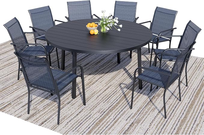 9-Piece Patio Furniture Set, Black Round Patio Table and Blue Chairs Set of 8, Outdoor Dining Set with Umbrella Hole for Garden, Yard, Patio