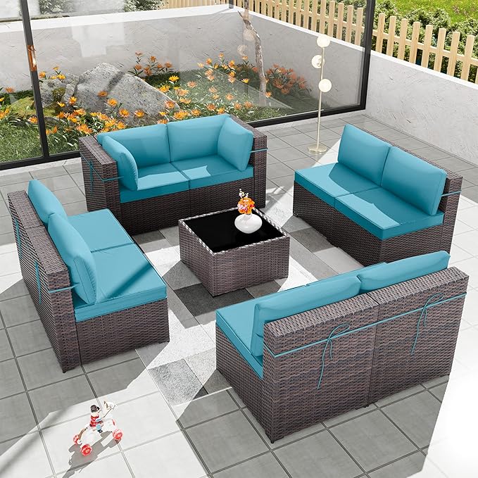 Patio Furniture Set 9pcs Outdoor Furniture for Backyard Sectional Sofa Set, Wicker Rattan Outdoor Conversation Set with 4 Inch Thickened Cushions and Coffee Table, Blue