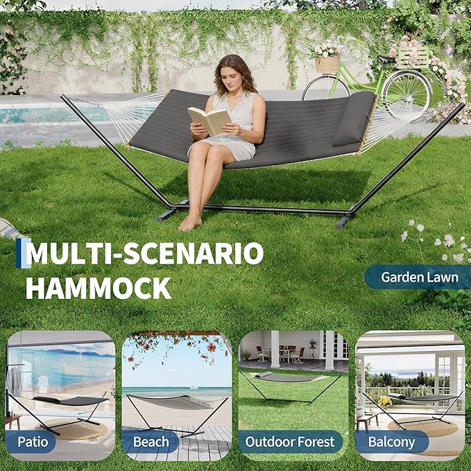 Heavy Duty 2 Person Double Hammock with Portable Adjustable Steel Stand, Outdoor Hammock with Pillow for Patio, Garden, Beach, Backyard Camping