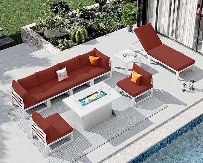 NICESOUL 9 Piece Large Contemporary Aluminum Outdoor Furniture Set with Chaise Lounge & Fire Pit Table, 29" Deep Couch Set, 500 lbs High Weight Capacity Patio Sectional Sofa for Poolside, Burgundy