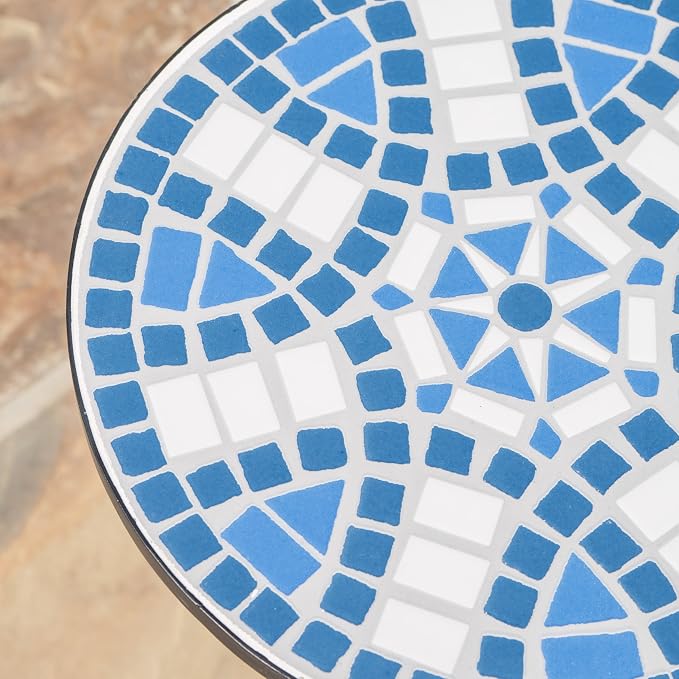 Blue White Mosaic Tile Round Side Table, Coastal Patio End Table with Curved Black Wrought Iron Legs, Weather Resistant Small Accent Table for Balcony Backyard Porch Living Room