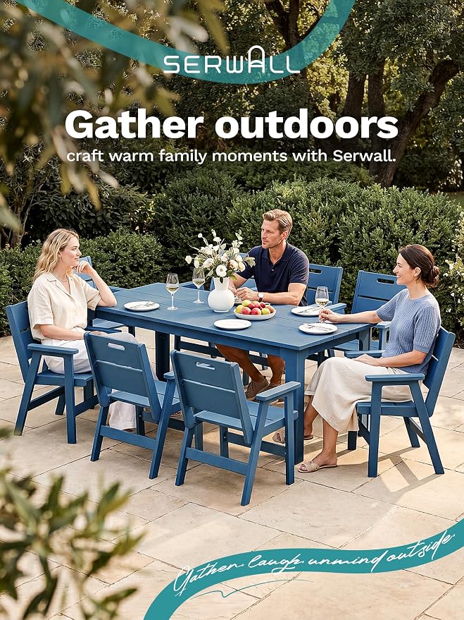 SERWALL 9 Piece HDPE Patio Dining Set, Outdoor Dining Table with 8 Chairs, All Weather Resistant Heavy Duty Outdoor Furniture with Umbrella Hole for Garden Backyard Deck, Blue