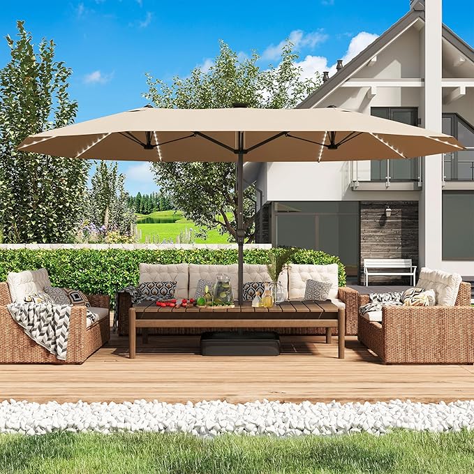 GDPFN 13ft Large Patio Umbrella with Solar Lights, Outdoor Double-Side Rectangular Umbrella with Base Included, Backyard Pool Umbrella with LED Light for Deck, Outside, Market, Beige