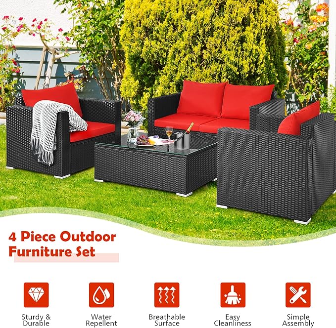 COSTWAY 4-Piece Patio Rattan Furniture Set, Cushioned Sofa Chair, Loveseat and Coffee Table with Tempered Glass Top, Outdoor Conversation Sets for Garden Poolside Balcony Porch (Red)