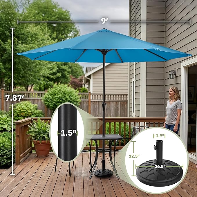 Pure Garden 9FT Round Patio Umbrella with 19lb Weighted Base - Easy Crank, Vented Canopy Outdoor Umbrella for Shade - For Deck, Balcony, Porch, Backyard, or Pool (Blue)