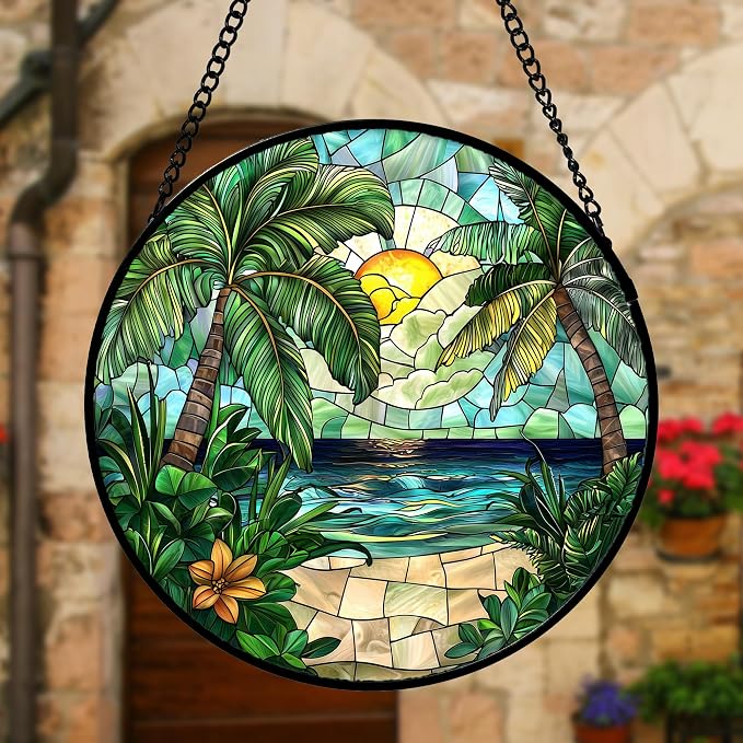 DASTOLL Stained Glass Window Hanging, Green Beach Scenery Suncatcher Diamond Glass Panel Hangings Sun Catchers Decor for Birthday for Women, Men, Wife, Aunt, and Mom 11.8x11.8 in