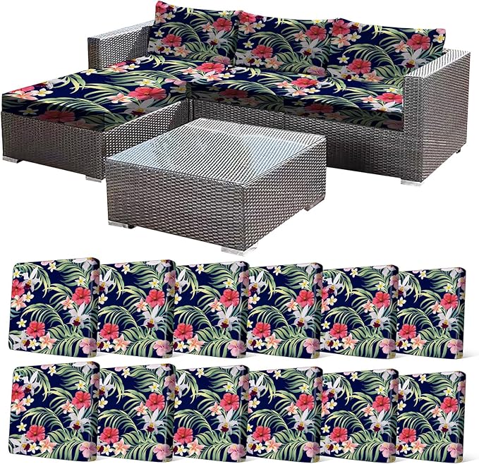CALBODE 12 Pcs Stretch Outdoor Seat Cushion Covers, Washable Chair Seat Cover for Patio Furniture Cushions Soft Indoor and Outdoor Couch Cover Replacement (Tropical Floral,Black, Cover Only)