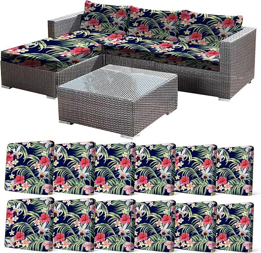 CALBODE 12 Pcs Stretch Outdoor Seat Cushion Covers, Washable Chair Seat Cover for Patio Furniture Cushions Soft Indoor and Outdoor Couch Cover Replacement (Tropical Floral,Black, Cover Only)