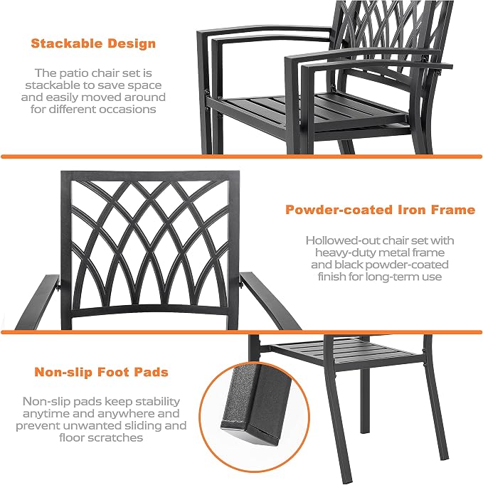 NUU GARDEN 5-Piece Metal Dining Set, 4 Stackable Wide Seat Chairs with 37" Square Table Umbrella Hole, All-Weather Patio Furniture for Backyard Balcony Poolside Lawn Garden,Black
