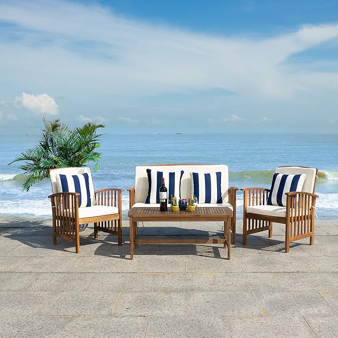 SAFAVIEH Outdoor Collection Rocklin Natural/ Beige Cushions/ Thick Stripe Pillows 4-Piece Conversation Patio Set