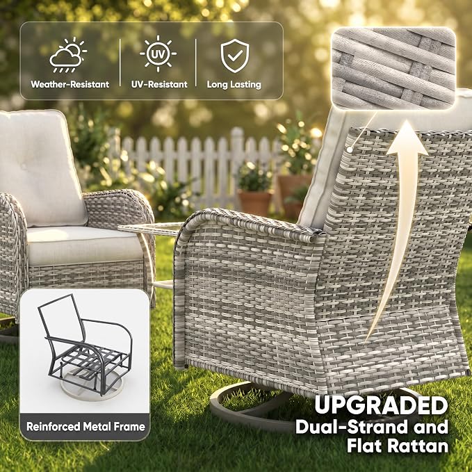 12-Piece Small Patio Furniture Set, Outdoor Swivel Rocking Chairs Set with 55,000 BTU Fire Pit Table Wicker Chairs and Ottomans, Patio Bistro Set for Balcony, Deck, Porch, Ivory