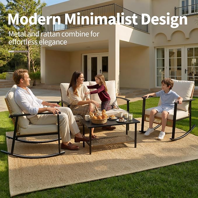 Deersky 4 Piece Outdoor Patio Furniture Set, Outdoor Rocking Chairs and Table, All-Weather Modern PE Wicker Rattan Patio Conversation Set for Porch Sunroom Deck and Yard, Cream White