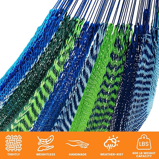 Lazy Daze Hammocks Handwoven Mayan Hammock with Heavy Duty Steel Stand, 10.5 FT Soft Rope Double Hammock for Patio Outside, 550 lbs Weight Capacity, Blue/Green
