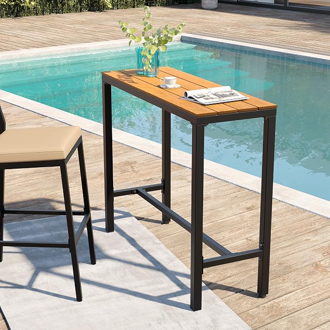 Outdoor Bar Table 43" All-Weather Patio Bar Table with Metal Frame and Waterproof Wood-Like Tabletop Outdoor Console Table for Balcony Yard Garden Bistro Hot Tub Use(Brown)