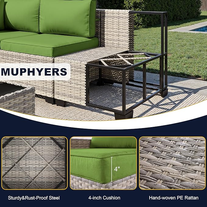 7-Piece Outdoor Patio Furniture Set, PE Wicker Rattan Sectional Sofa Conversation Set with Tempered Glass Table & Thick Cushions - All-Weather Garden, Backyard Furniture, Avocado Green