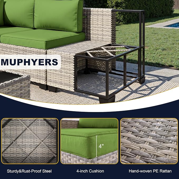 13-Piece Outdoor Patio Furniture Set with Rocking Swivel Chair, Wicker Rattan Sectional Sofa Conversation Set with 55,000 BTU Fire Pit Table with Ottomans, Backyard Furniture, Avocado Green