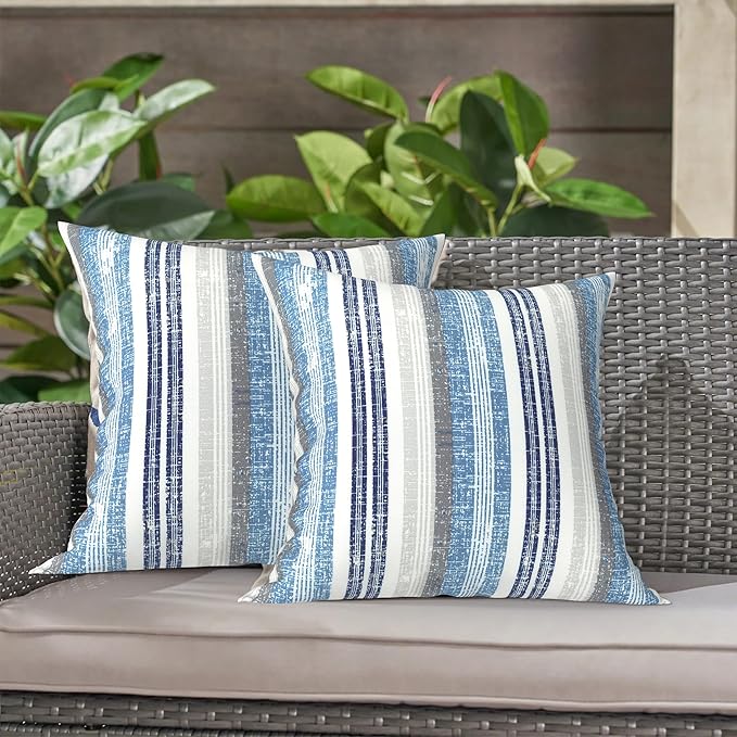 LVTXIII Outdoor Throw Pillows, Decorative Throw Pillows with Inserts, 16"x16" Square Pillows for Bed, Couch, Sofa and Patio Furniture, Set of 2, Stripe Layered Blue