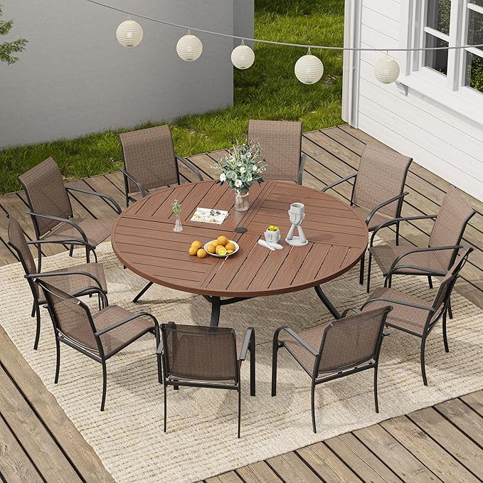 VICLLAX 11 Pieces Round Patio Dining Set, Patio Furniture Set of 10 Patio Stackable Dining Chairs and 63" Outdoor Spliced Tabletop with Umbrella Hole, Brown Chairs and Walnut Table