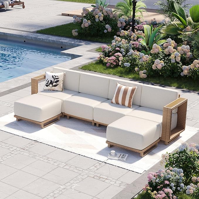 Aoxun Patio Furniture Set, 6 Piece Outdoor Wicker Sectional Sofa, All‑Weather Rattan Modular Sofa with 10'' Ultra‑Thick Cushions, Outdoor Conversation Set for Backyard, Poolside & Garden, Yellow/Beige