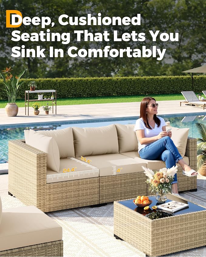 UDPATIO Furniture Set, 7 Piece Sectional Sofas with Wicker Coffee Table, Conversation for Garden, Backyard, Yellow/Beige