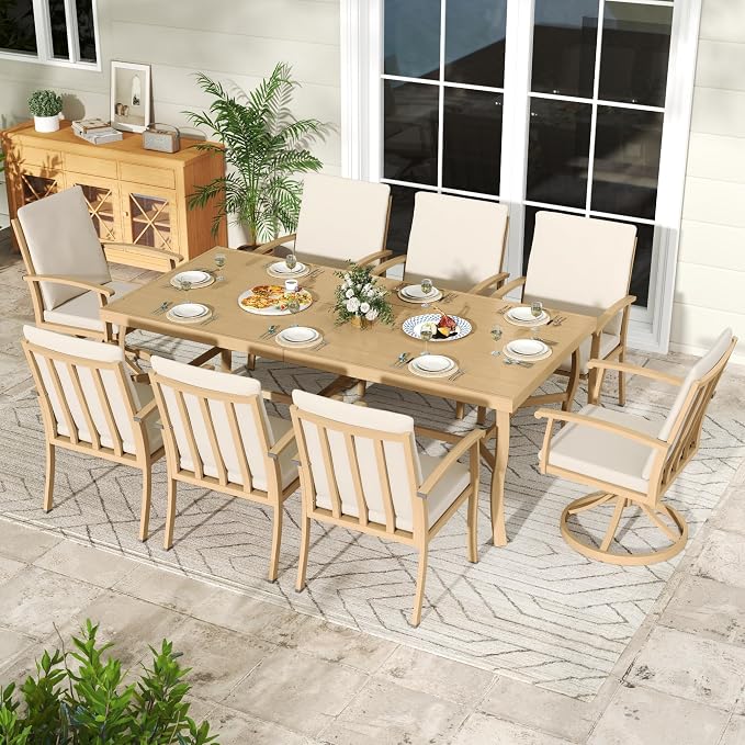 8-Person Outdoor Dining Table, Aluminum Rectangle Outdoor Dining Table with 2.2" Umbrella Hole, Rustproof Aluminum Patio Dining Table for 8, All-Weather for Garden Yard Poolside, Beige