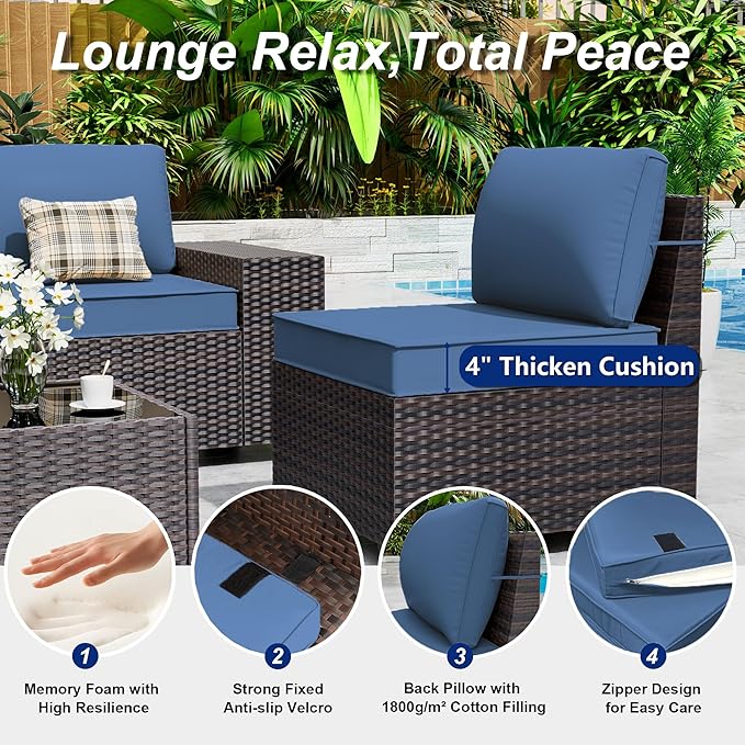 Outdoor Patio Furniture Set, 12 Pieces Outdoor Sectional Furniture High Backrest Patio Set, All-Weather PE Rattan Patio Conversation Set w/Coffee Tables & Cushions-(Dark Blue)
